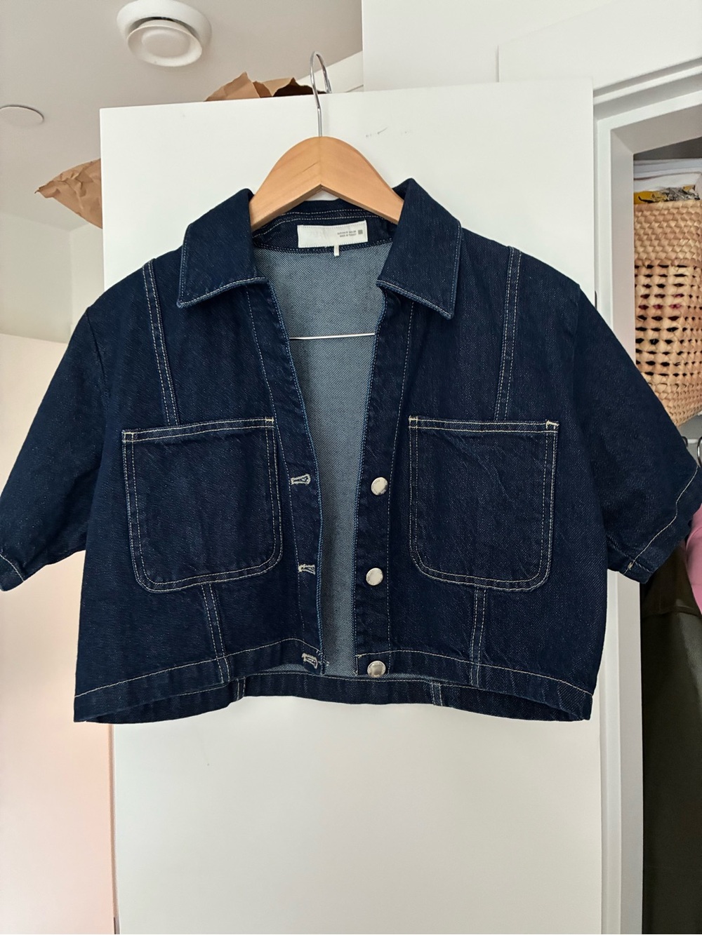 Zara Cropped Dark Wash Denim Jacket - Boxy Short Sleeve